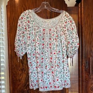 Max Studio White Blouse with Red and Green Floral Pattern